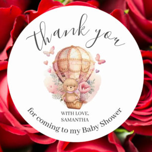Baby Shower Teddy Bear PINK Hot Air Balloon  Classic Round Sticker