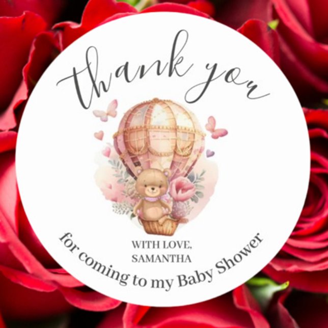 Baby Shower Teddy Bear PINK Hot Air Balloon  Classic Round Sticker (Celebrate your baby shower with this adorable pink teddy bear hot air balloon sticker. )