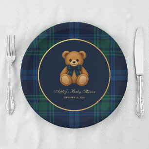 Baby Shower Teddy Bear Preppy Boy Blue Green Plaid Paper Plate