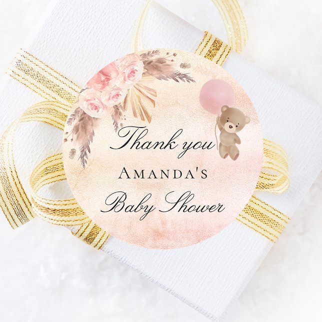 Baby Shower teddy blush pampas grass thank you Classic Round Sticker (Creator Uploaded)