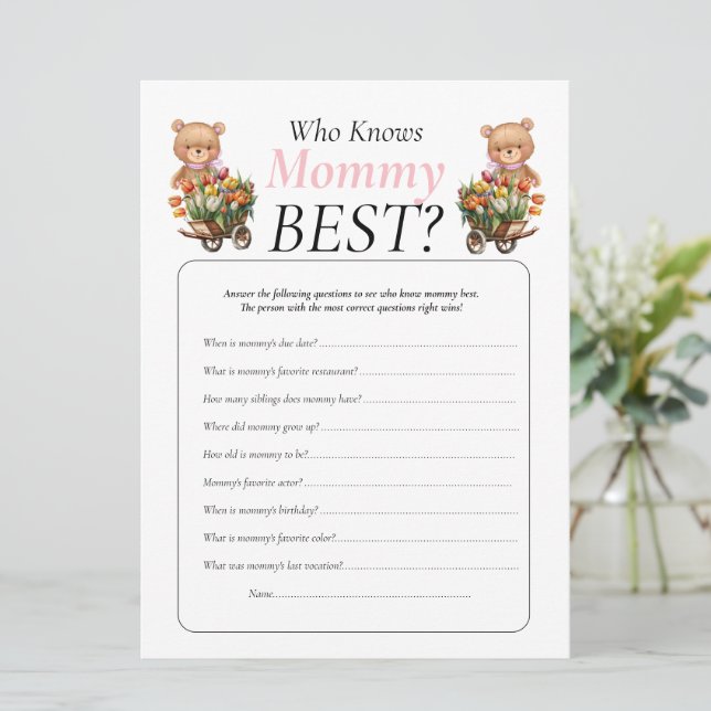 Baby Shower teddy Floral  Girl Who Knows Mummy  Invitation (Standing Front)