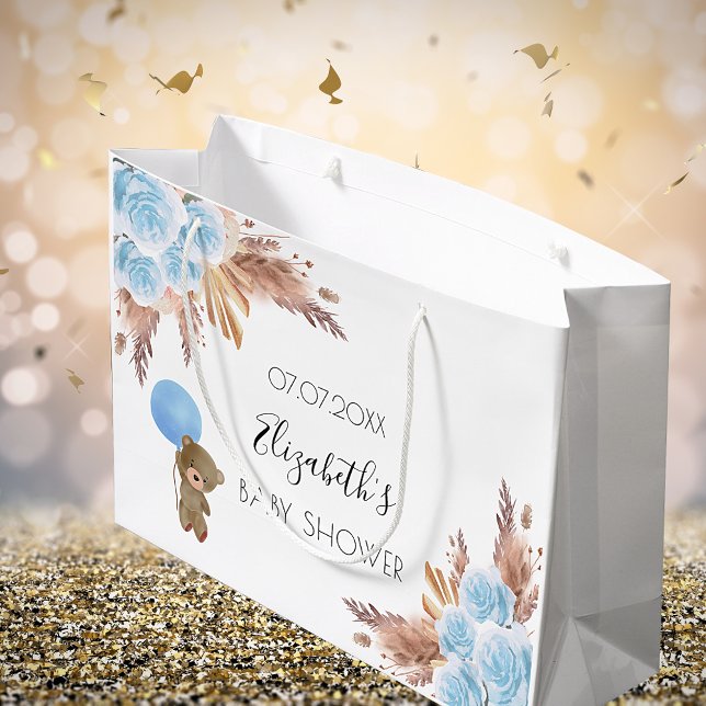 Baby Shower teddy floral pampas grass blue boy Large Gift Bag (Creator Uploaded)