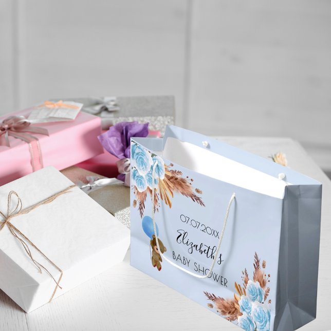 Baby Shower teddy floral pampas grass blue boy Large Gift Bag (Creator Uploaded)