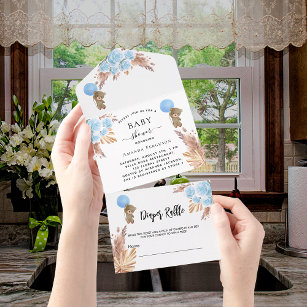Baby Shower teddy pampas boy floral diaper raffle All In One Invitation