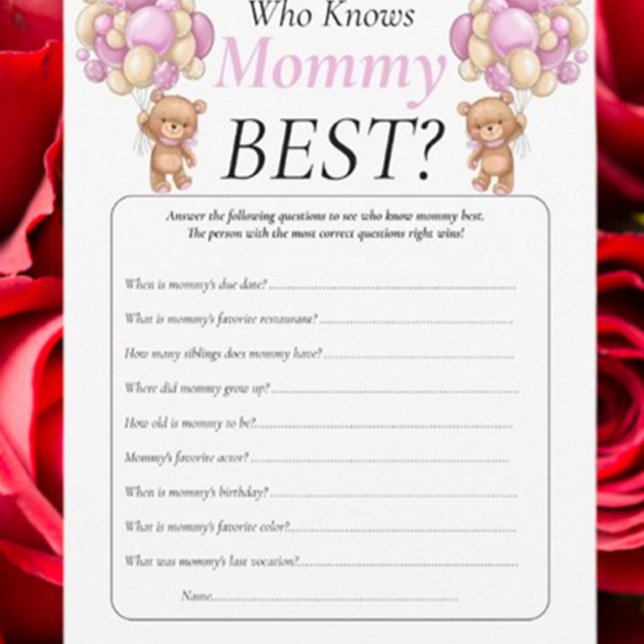 Baby Shower Teddy Who Knows Mummy Pink Invitation (Celebrate your baby shower with adorable  teddy bear decor and fun Mommy or Daddy games. )