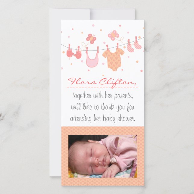 Baby shower Thank You: Baby clothes on clothesline Thank You Card (Front)