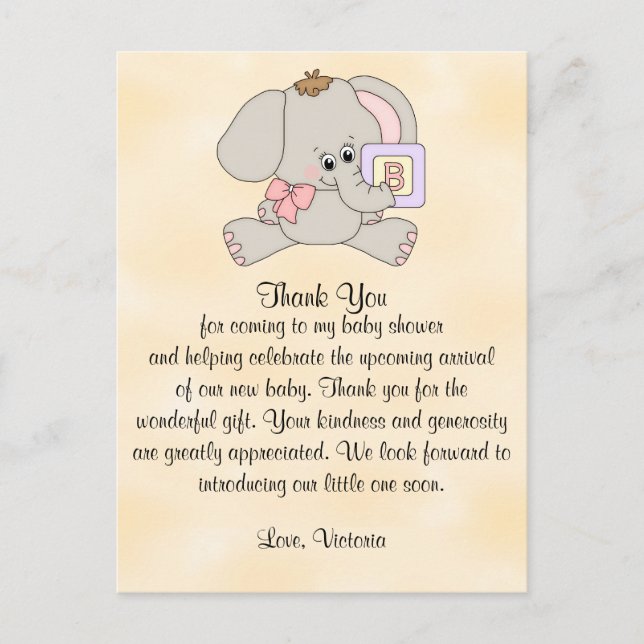Baby Shower Thank You Baby Elephant Postcard (Front)