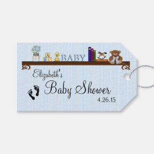 Baby Shower Thank You Blue Stripes Toys on Shelf Gift Tags