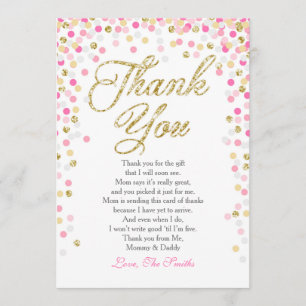 Baby Shower Thank You Card Confetti Gold pink girl