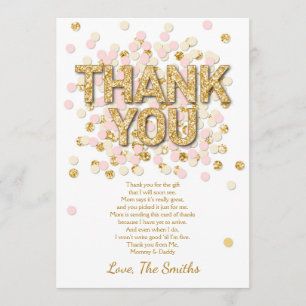 Baby Shower Thank You Card Confetti Gold pink girl