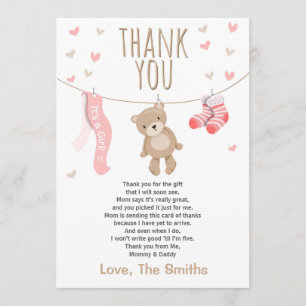 Baby Shower Thank You Card Teddy Bear pink girl