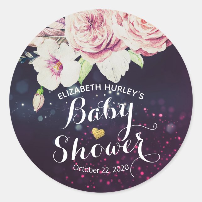 Baby Shower Thank You Floral Feather Purple Lights Classic Round Sticker (Front)