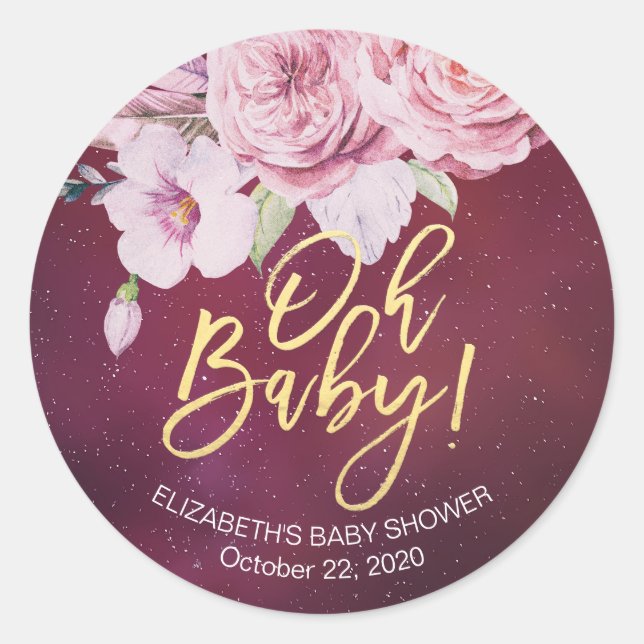 Baby Shower Thank You Floral Feathers Burgundy Red Classic Round Sticker (Front)