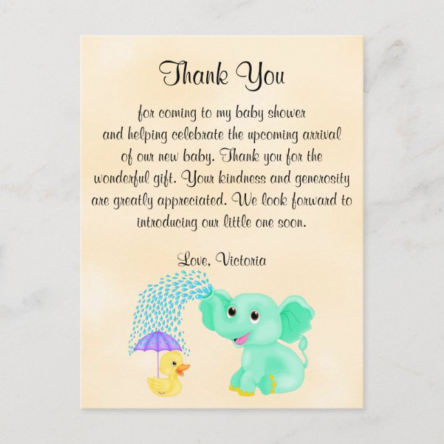 Baby Shower Thank You Gender Neutral Elephant Postcard (Front)