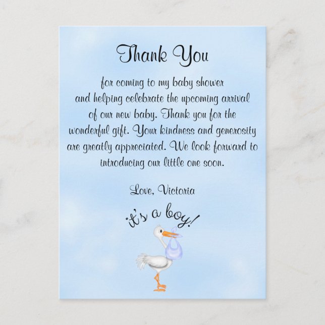 Baby Shower Thank You It's a Boy  Baby Boy Stork Postcard (Front)