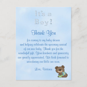 Baby Shower Thank You It's a Boy Baby Boy Teddy Be Postcard