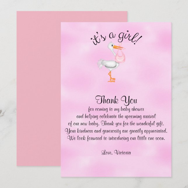 Baby Shower Thank You It's a Girl Baby Girl Stork Invitation (Front/Back)