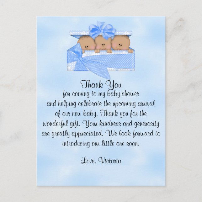Baby Shower Thank You It's Triplets Boy Ethnic Postcard (Front)