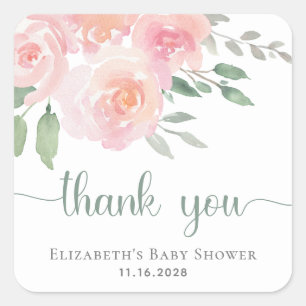 Baby Shower Thank You Pink Floral Watercolor Square Sticker