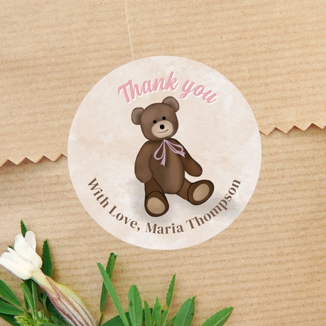Baby Shower Thank You Pink Teddy Bear Classic Round Sticker (Cute Baby Shower Custom Party Favor Stickers.)