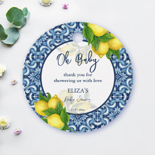 Baby shower thank you tag blue tiles lemon Amalfi