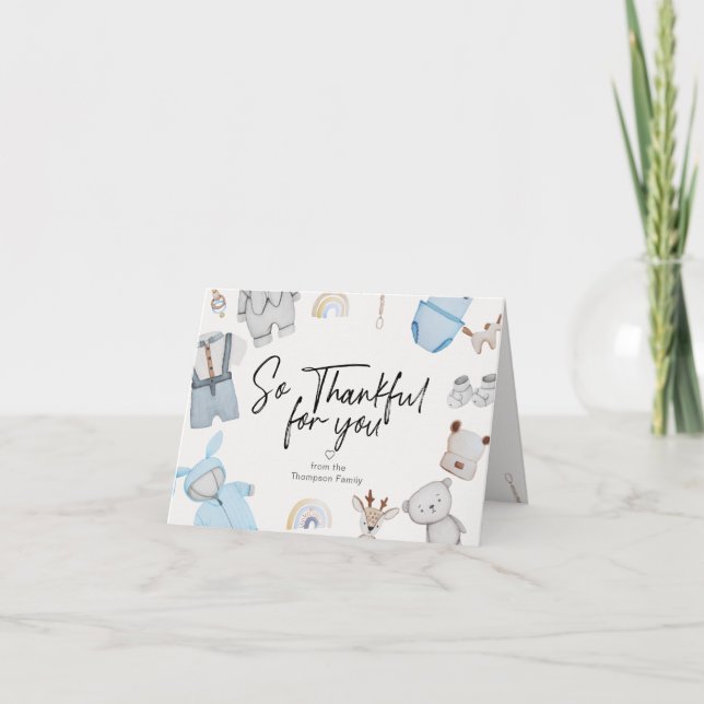 Baby Shower Thankful For You Boys Clothes Toys Thank You Card (Front)