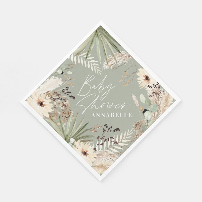 Baby shower thankyou modern pampas sage green napkin (Corner)