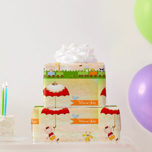 Baby Shower Train with Animals and Umbrella Wrapping Paper