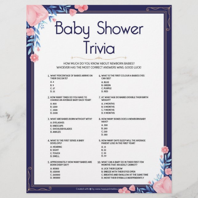 Baby Shower Trivia [Floral Frame] Custom Letterhead (Front)