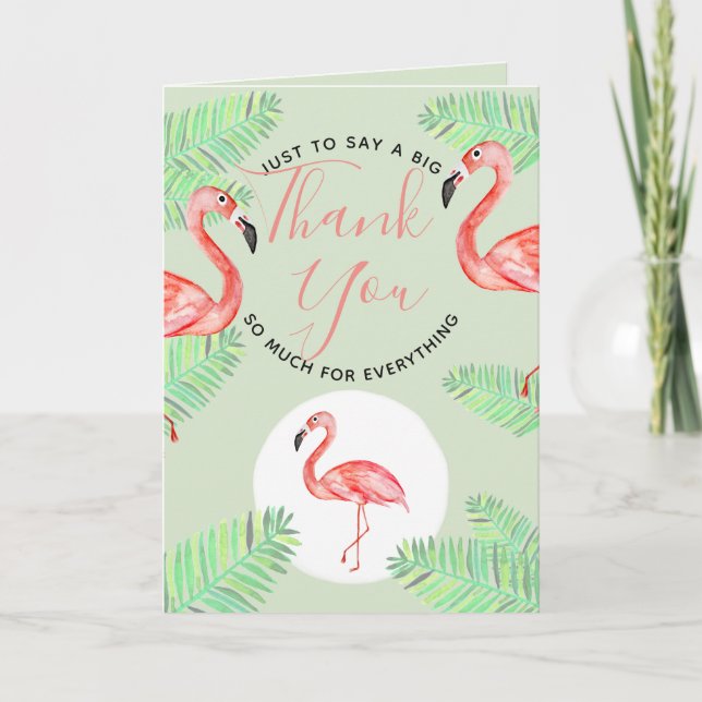 Baby Shower Tropical Watercolor Flamingo Thank You Card (Front)