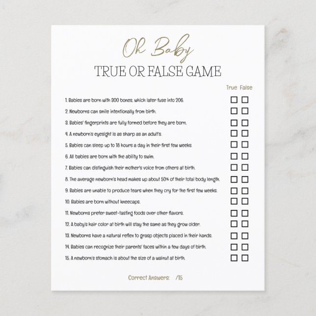 Baby Shower True or False Game (Front)