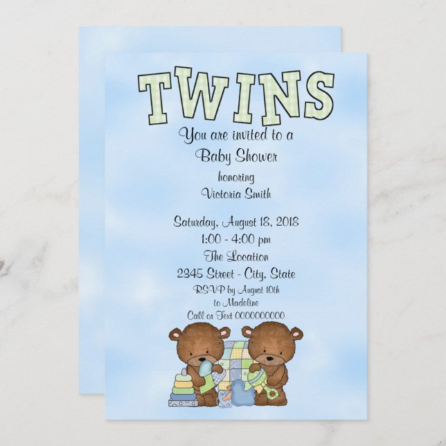 Baby Shower Twin Boys Teddy Bear Invitation (Front/Back)