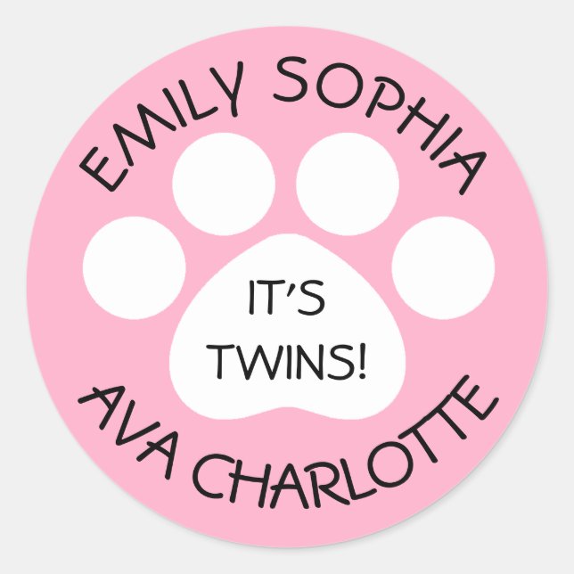 Baby Shower - Twin Girls - Paw Print Theme Classic Round Sticker (Front)