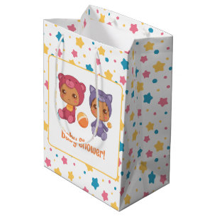 Baby Shower Twins Cat Bear Stars Dark Medium Gift Bag