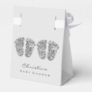 Baby Shower Twins Feet Drips Glitter Silver Grey Favour Box