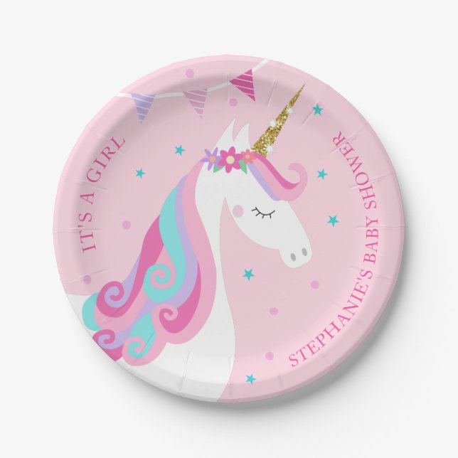 Baby Shower Unicorn Pink Personalised Paper Plate (Front)