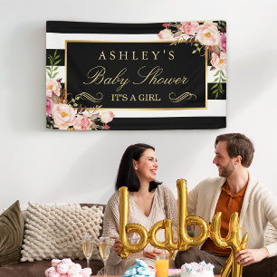 Baby Shower Vintage Floral Black White Stripes Banner