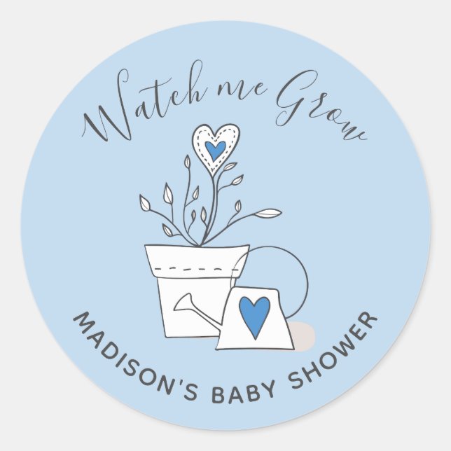 Baby Shower Watch me Grow Blue Heart Plant Classic Round Sticker (Front)