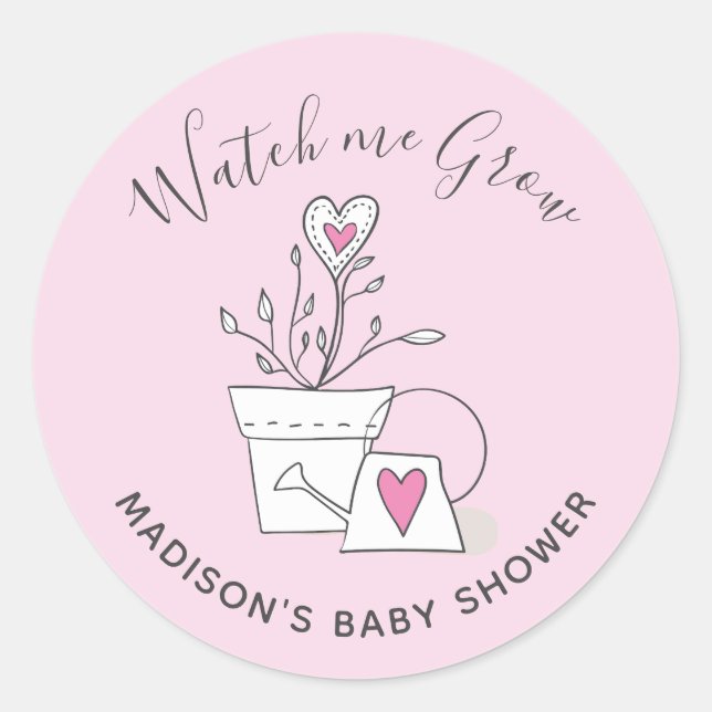 Baby Shower Watch me Grow Pink Heart Plant Classic Round Sticker (Front)
