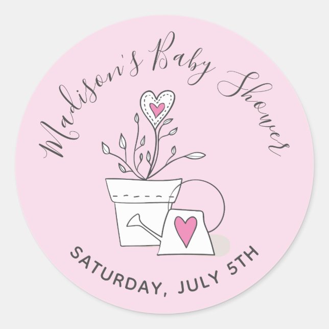 Baby Shower Watch me Grow Pink Potted Plant Classic Round Sticker (Front)