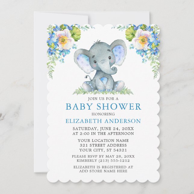 Baby Shower Watercolor Blue Floral Elephant Invitation (Front)