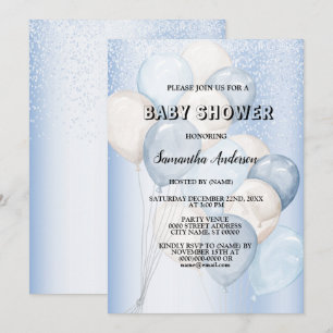 Baby Shower Watercolor Blue White Balloons Party Invitation