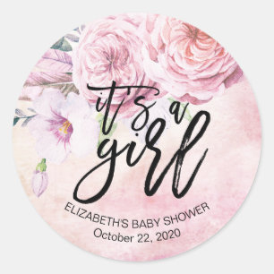 Baby Shower Watercolor Bohemian Flowers & Feathers Classic Round Sticker