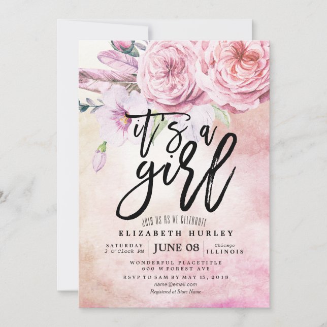 Baby Shower Watercolor Bohemian Flowers & Feathers Invitation (Front)
