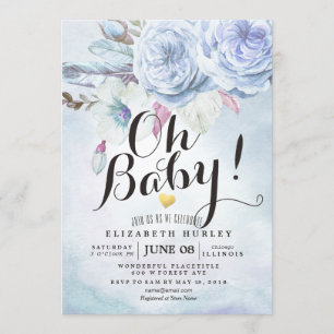 Baby Shower Watercolor Bohemian Flowers & Feathers Invitation