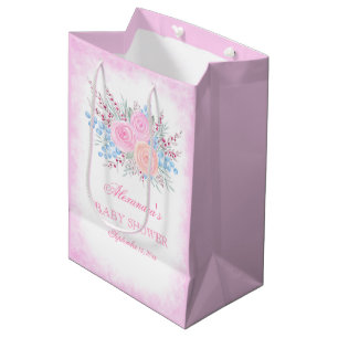 Baby Shower Watercolor Bouquet Pink Roses Girl Medium Gift Bag