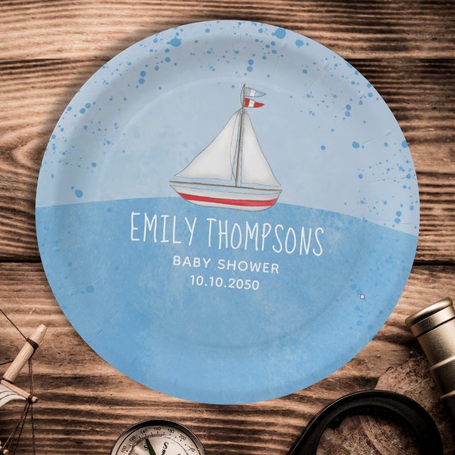 Baby Shower Watercolor Cute Whimsical Sailboat Paper Plate (Creator Uploaded)