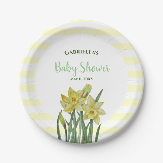 Baby Shower Watercolor Daffodils Illustration Paper Plate (Front)