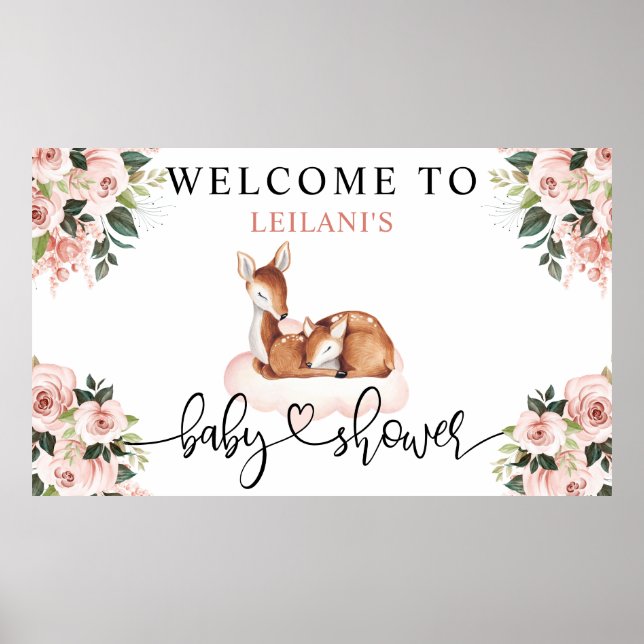 Baby Shower Watercolor Deer Pink Floral Welcome Poster (Front)