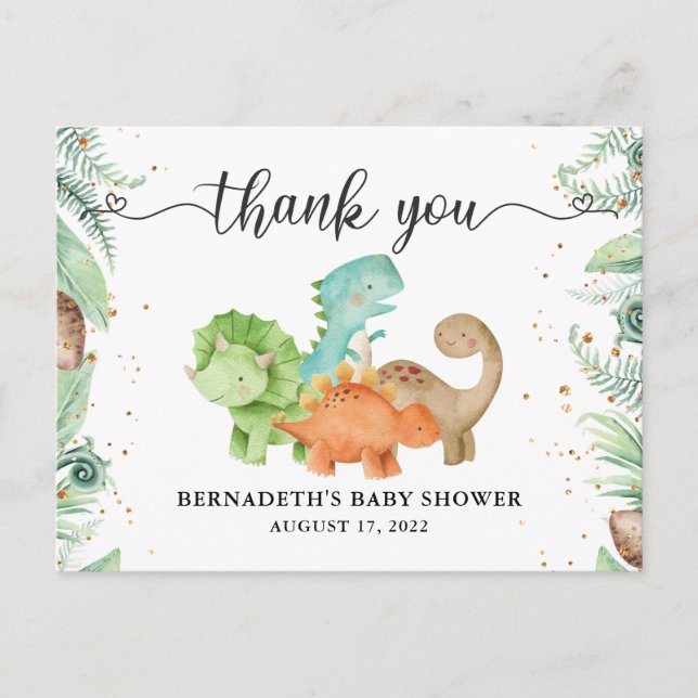 Baby Shower Watercolor Dinosaur Thank You Postcard (Front)